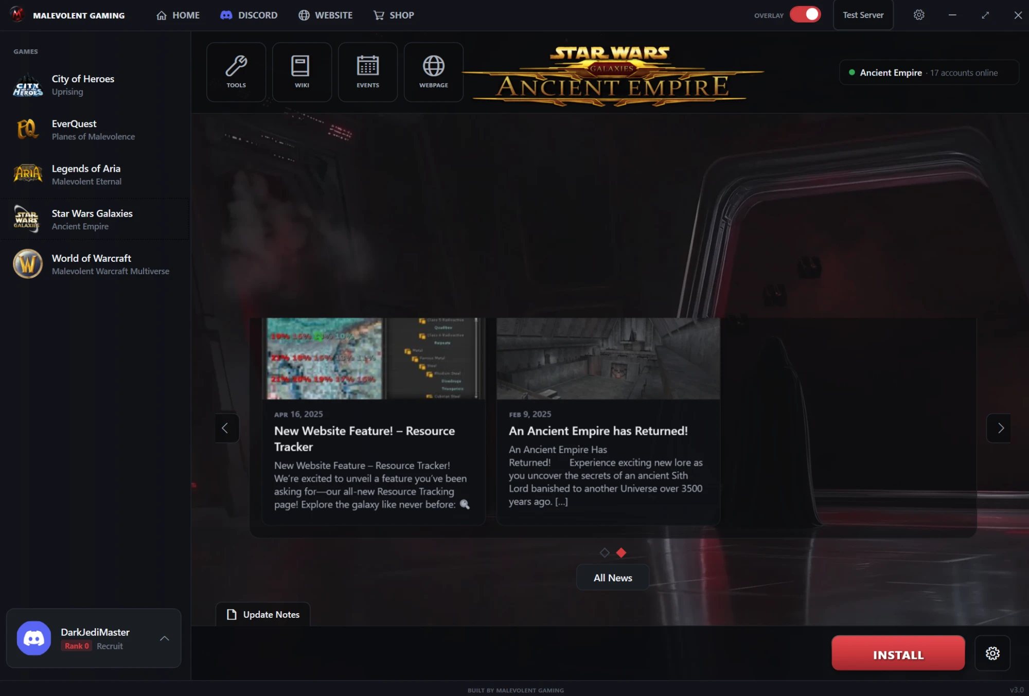 The Malevolent Gaming Launcher open on Star Wars Galaxies: Ancient Empire
