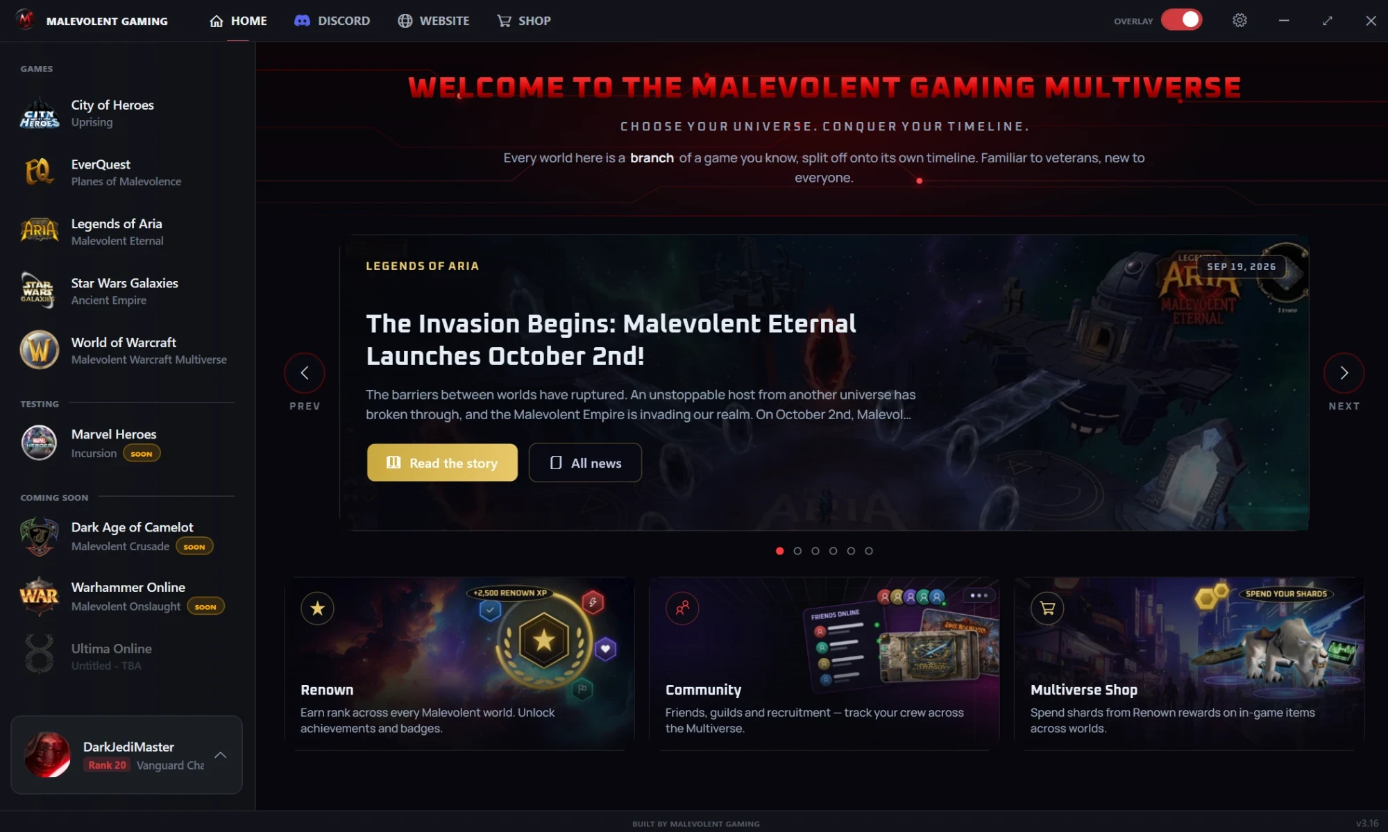 The Malevolent Gaming launcher home screen: every world in one library, the latest news, and Renown, Community and the Multiverse Shop
