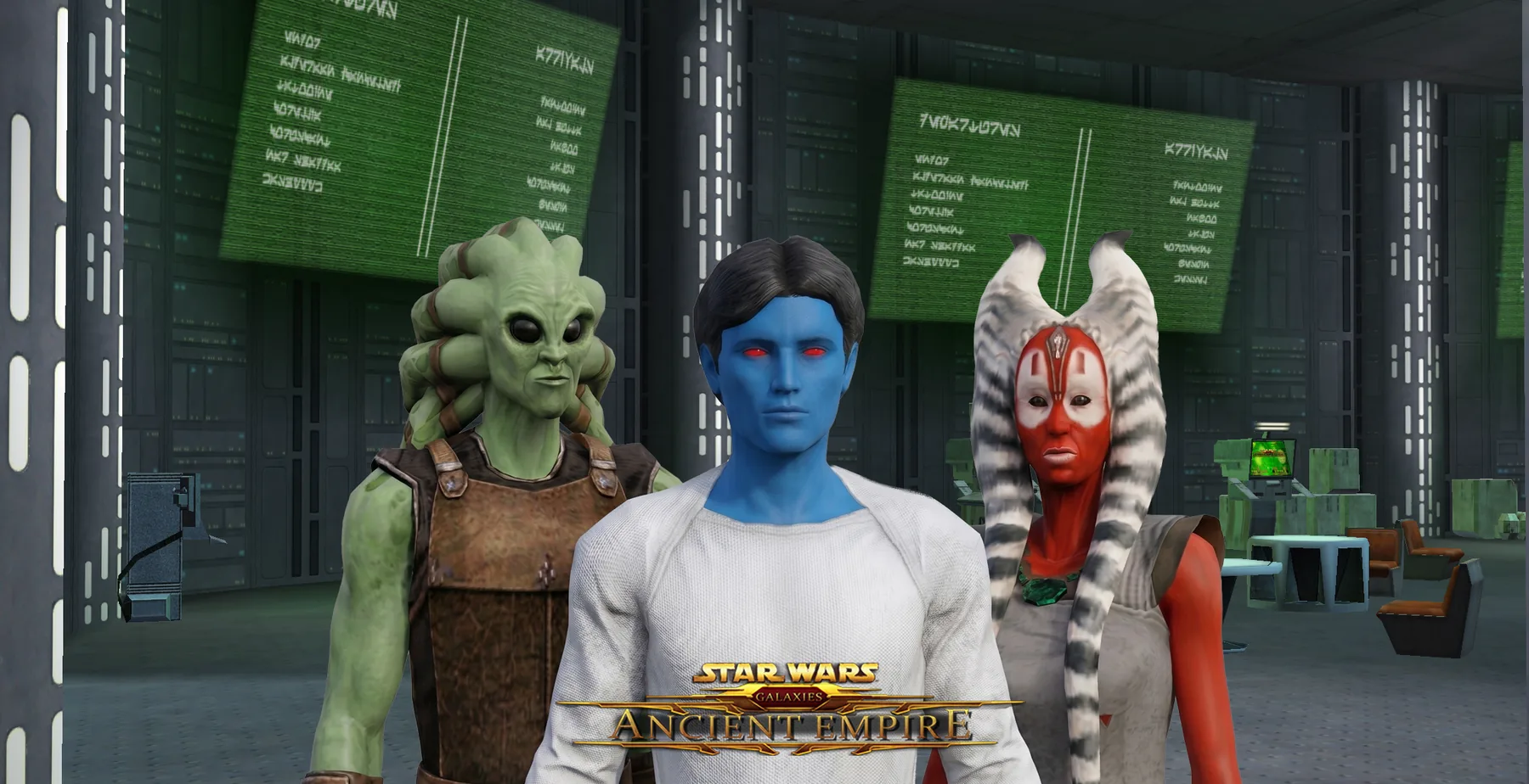 A Nautolan, a Chiss and a Togruta in game